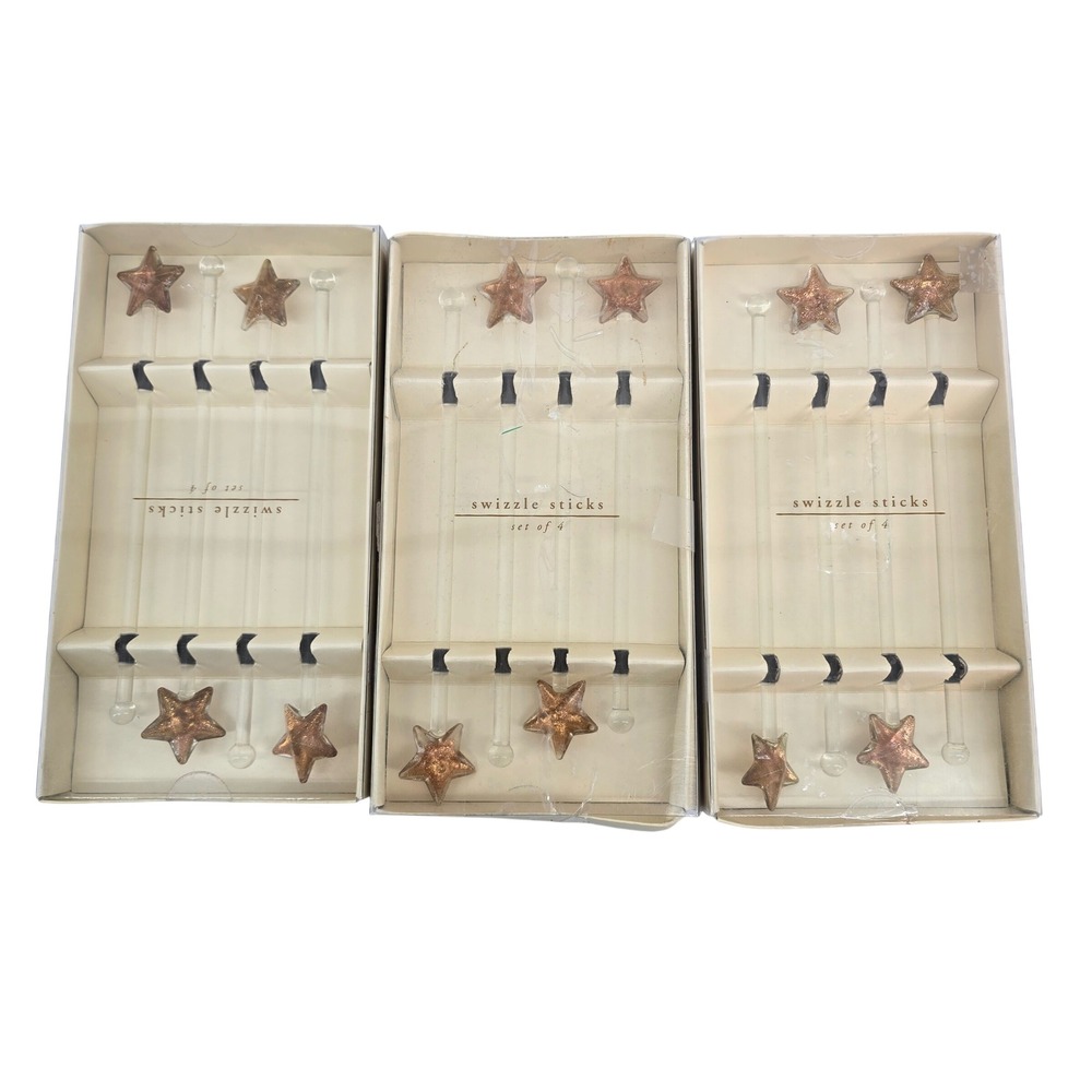 Pier 1 Imports Glass Star Swizzle Sticks Gold Glitter Cocktail Stirrers 3 Sets